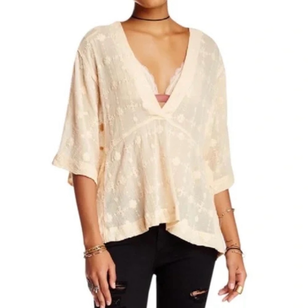 Free People Kimono Top Blouse V Neck Pockets Light Peach Cotton SZ S EUC
